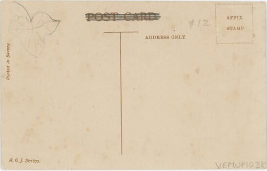 Reverse of postcard, with some printed text but no message or stamp included.