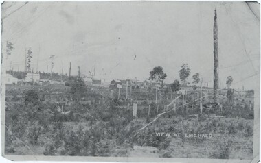 A black and white photograph depicting a landscape view of trees and buildings.