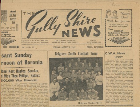 Front page of The Gully Shire News showing the top half of the page only