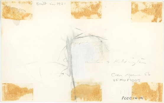 Paper with scattered pencil and pen annotation, with artifacts from adhesive and the center missing.