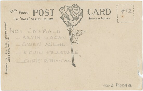 The reverse of a postcard, with both typed and handwritten text.