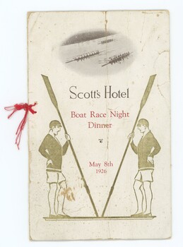 Front of Boat Race Dinner programme showing picture of a boat race and of two young men facing each other each holding an oar