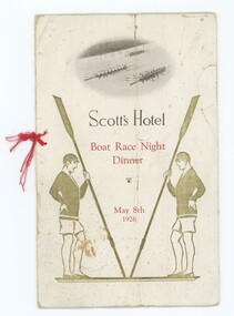 Front of Boat Race Dinner programme showing picture of a boat race and of two young men facing each other each holding an oar