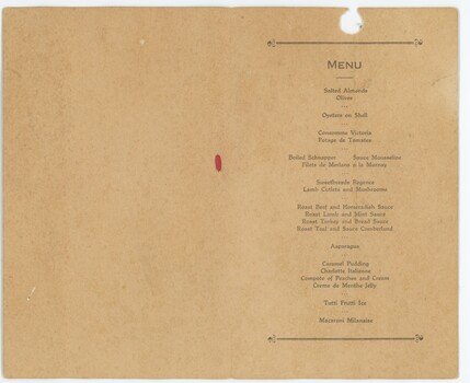 Inside of Boat Race Night programme detailing the menu for the night