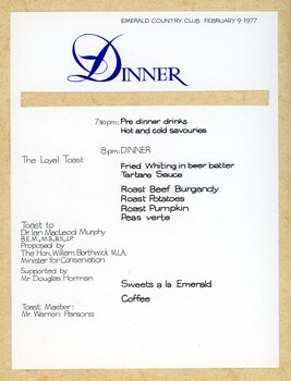 Menu and Order of Events for Dr Murphy's celebratory dinner