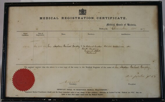 Medical Registration Certificate with text. Red seal in bottom left-hand corner.