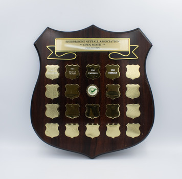 A wooden perpetual shield trophy plaque with brass shield-shaped plates, a name ribbon design, and the league's logo - a green bird and the name of the league - in the centre.