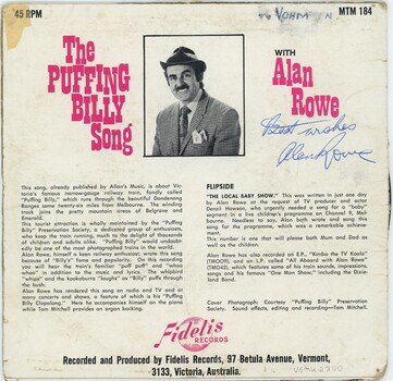 rear side of SP record of 'The Puffing Billy Song' with photograph of artist descriptor of his career and the song