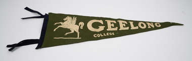 Front of Geelong College flag showing two textile ties at the end and the school Pegasus logo on the actual flag.