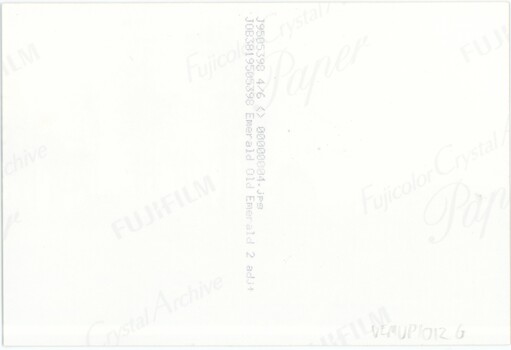 The reverse of a photograph, containing technical information, corporate logos for the brand of photo paper, and an accession number.