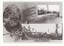 A black and white copy of a postcard with a salutation and three images.