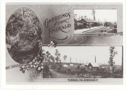 A black and white copy of a postcard with a salutation and three images.