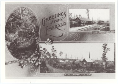 A black and white copy of a postcard with a salutation and three images.