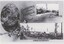 A black and white copy of a postcard with a salutation and three images