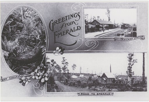 A black and white copy of a postcard with a salutation and three images