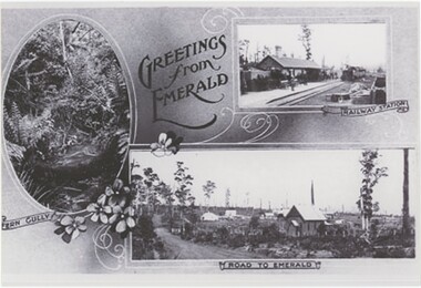 A black and white copy of a postcard with a salutation and three images