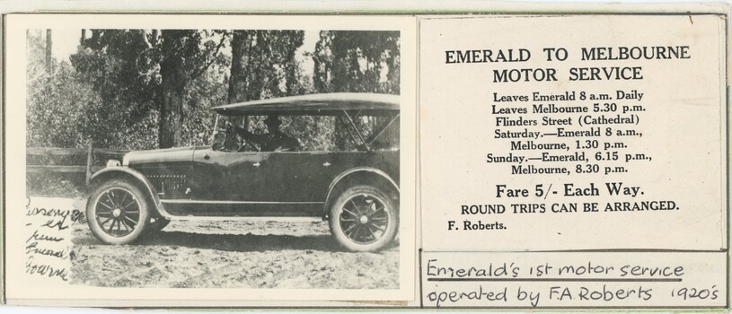 A black and white photograph of a 1920s automobile, beside a cutout of a motor service timetable and a handwritten caption.