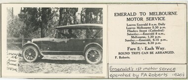 A black and white photograph of a 1920s automobile, beside a cutout of a motor service timetable and a handwritten caption.