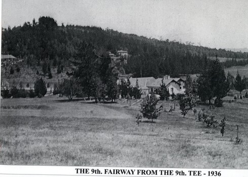 Photograph taken from the 9th tee of the 9th fairway of the Emerald Country Club showing club house in centre of image.