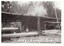 A black and white photograph of an open-air, rooved wooden structure with workers, machinery, logs, and processed timber.