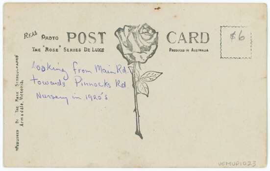 The reverse of a postcard, with a large rose and annotations handwritten in pen.
