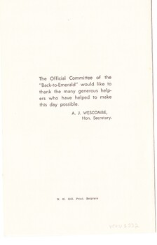 Back of programme with a thank you to helpers and details of printer