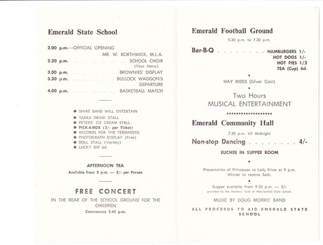 Information re schedule of events, entertainments and food items for purchase.