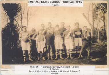 A sepia display photograph of an assembled school football team, with names printed below the image.