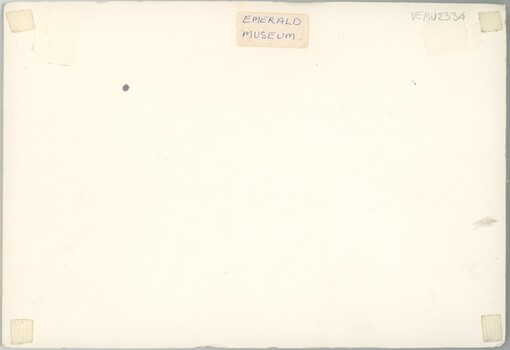 The reverse of a photograph display, with velcro and a handwritten accession number.