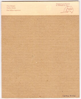 Back of writing pad showing detail of contents and identity of the designer and printer