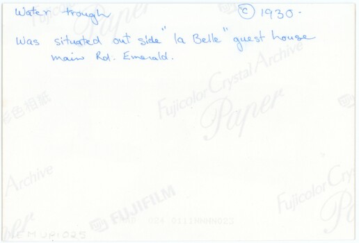 The reverse of a modern printed photograph, with Fugifilm logos and blue pen annotations.