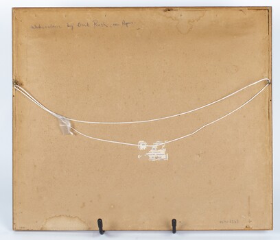 Back of painting showing painting information and hanging cord