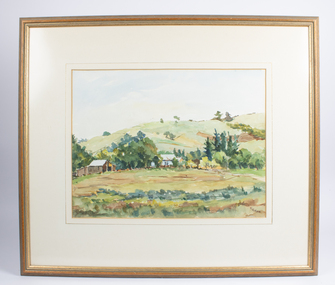 A watercolour painting in a wooden frame, with a white margin.