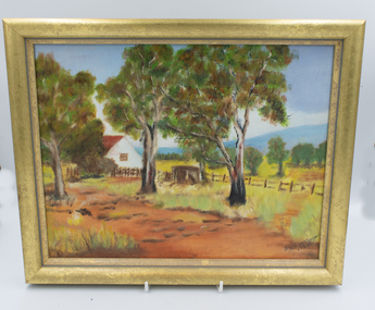 Oil painting of cottage with trees in rural landscape. Gilt frame.