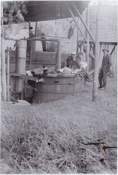 A black and white photograph of a eucalyptus distillery, with two women sitting on a storage tank and a man standing beside them.