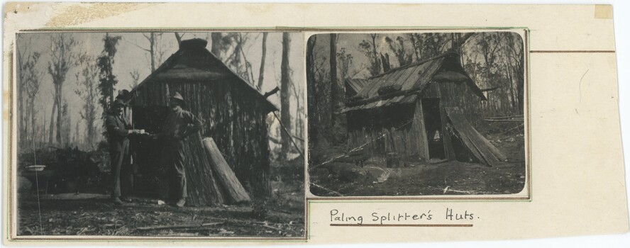 An annotated cream piece of card with two black and white photographs of wooden huts attached.