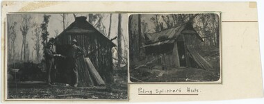 An annotated cream piece of card with two black and white photographs of wooden huts attached.