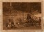 A sepia photograph of a group of men and horses in front of a wooden hut and unpaved road.