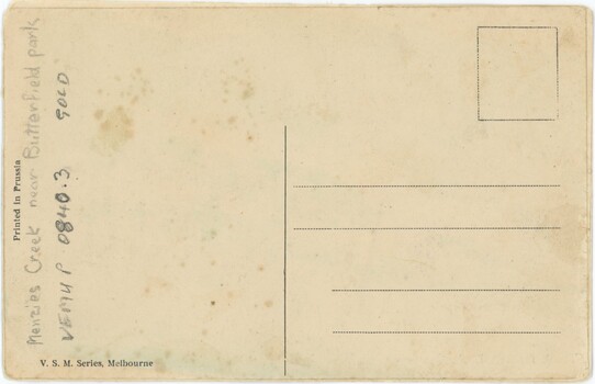 The message side of a postcard, with no message or stamp but a handwritten annotation and accession number.
