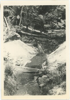 A black and white photograph of water flowing through a gold sluice, with bushland in the background.