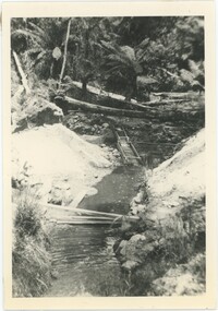 A black and white photograph of water flowing through a gold sluice, with bushland in the background.