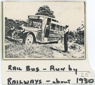 A black and white photograph of a bus, attached to annotated card.
