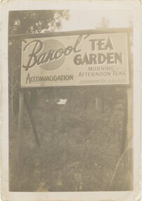 A sepia photograph of a sign advertising the Banool Tea Garden.