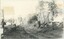 A black and white photograph depicting an unpaved road with buildings and bushland on either side.
