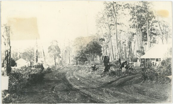 A black and white photograph depicting an unpaved road with buildings and bushland on either side.
