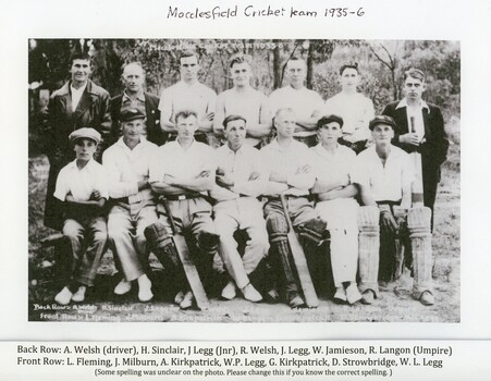 Image of photocopy of photograph of 1935-1936 Macclesfield Cricket Team with list of names below.
