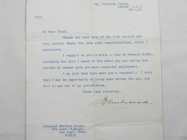 Letters of Herbert Black  —  (Items held by Monash Memorial Defence Library), John Monash, 11 December 1918 and 17 January 1919