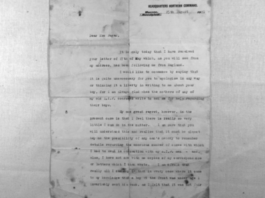 Letter of Mrs Fagan  - (Item held by Monash Memorial Defence Library), Sir William Birdwood, 25 August 1921