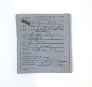 Crime Card, Crime Card Ballarat, 1873