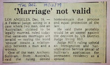 Article, 'Marriage' not valid, The Age, 19 December 1979, 19 December 1979